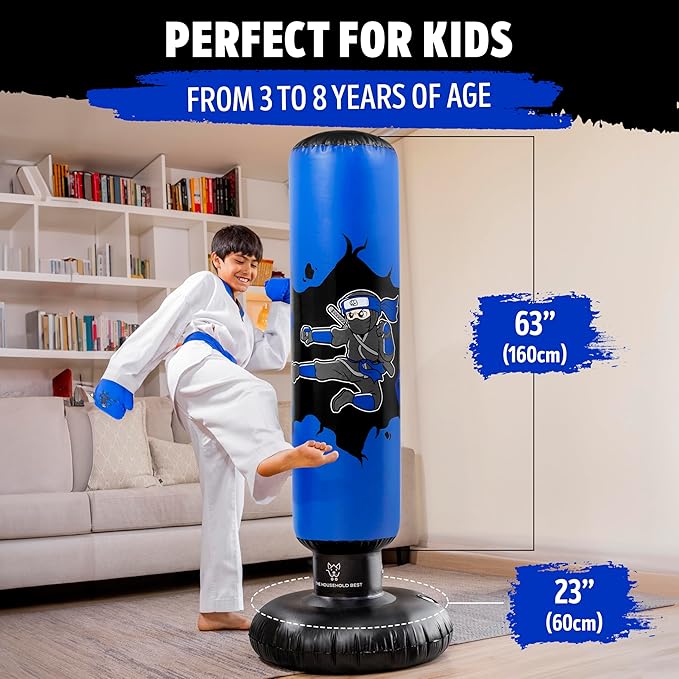 THB Punching Bag for Kids - Inflatable Punching Bag Stand with Boxing Gloves for Kids Age 3-8, 63” Ninja Boxing Bag with Electric Air Pump to Practice Taekwondo, Karate, MMA, Bouncing Back Boxing Set