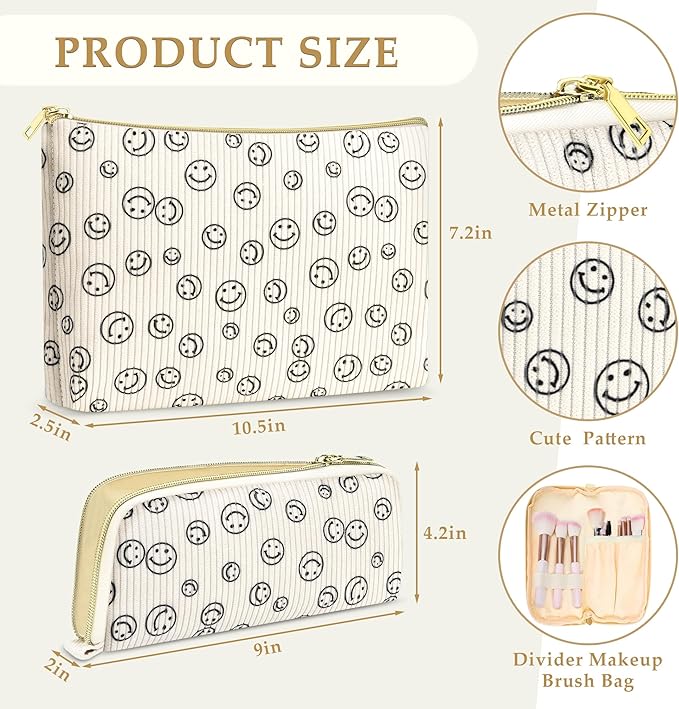 Cosmetis Bag Makeup Bag for Women, Gifts for Girls Stuff Bag, Corduroy Smile Cute Travel Make up Bag Toiletry Bag Girlfriend Teacher Gifts Birthday Gift for Her