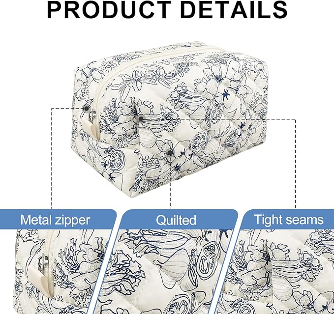 Quilted Makeup Bag,Small Travel Floral Cosmetic Bag Cute Pouch,Cotton Makeup Brushes Storage Bag for Women