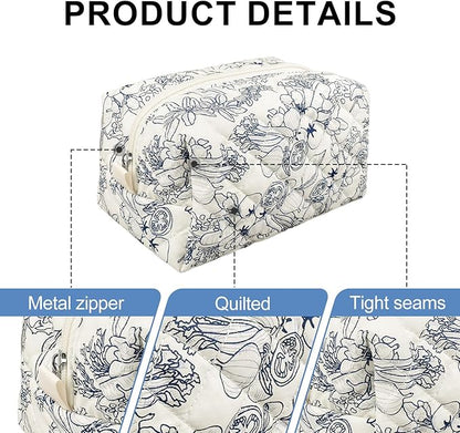 Quilted Makeup Bag,Small Travel Floral Cosmetic Bag Cute Pouch,Cotton Makeup Brushes Storage Bag for Women