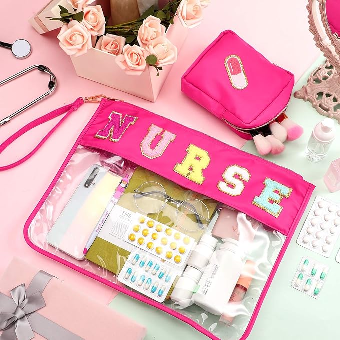 Hillban 2 Pcs Nurse Makeup Cosmetic Bag Nurse Appreciation Week Gift for Women Clear Chenille Letter Bag Toiletry Zipper Pouch Waterproof Travel Purse Survival Kit Storage Organizer Accessories