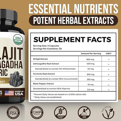 Himalayan Shilajit with Turmeric Curcumin & Ashwagandha - 1610mg High Potency Vegan Capsules, Fulvic Acid, 95% Curcuminoids for Joint Support, Mood Enhancement, Immune Boost, 90 Count
