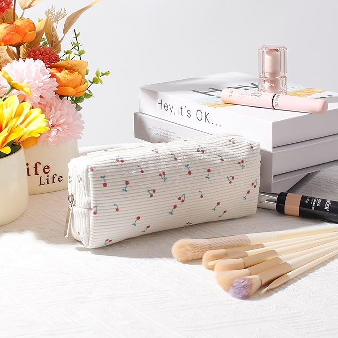 Cosmetic Bag for Women Corduroy Makeup Bag Travel Make Up Organizer Tool Pouch Small Bag for Purse, Zipper Portable Storage Pouch Toiletry Bag for Women (Little cherry)