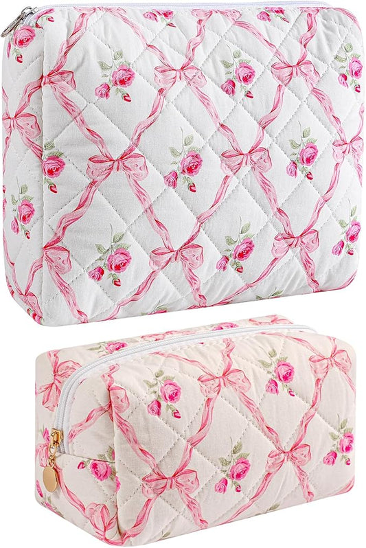 Quilted Cotton Makeup Bag Travel Cosmetic Bag for Women Girls, Zipper Make Up Pouch, Bow Pattern Toiletry Organizer Makeup, Portable Storage Bag (2 Pack: Pink Bowknot)