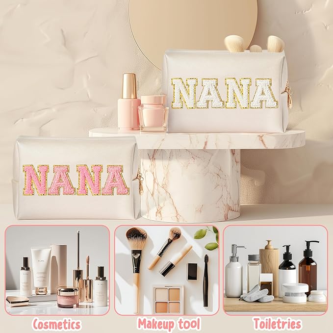 CY2SIDE NANA Letter Makeup Bag - Pink Nana Chenille Letter Patch Cosmetic Bag for Grandma Women Shell Gold PU Leather Patch Pouch Waterproof Portable Zipper Travel Organizer Gift for Mother's Day