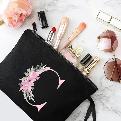 Vavabox A-Z Personalized Makeup Bag, Birthday Gifts for Women Mom, Gifts for Best Friend, Bride Bridesmaid Cosmetic bag (C, Black)