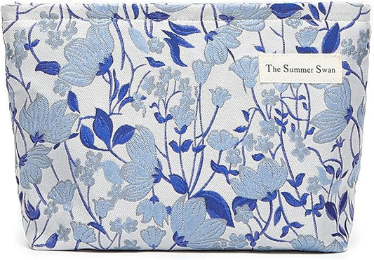 FlowerVineBlue Summer Swan | Large Aesthetic Floral Makeup Clutch | Period Kit | Hygiene & Skincare Bag