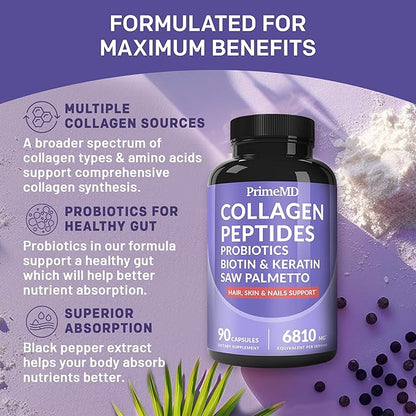27-in-1 Hair Skin and Nails Vitamins (6810mg) w/Biotin 10000mcg - Biotin and Collagen Supplements for Men and Women - Hair Growth Vitamins, Keratin Supplements with Probiotics and Saw Palmetto, 90ct