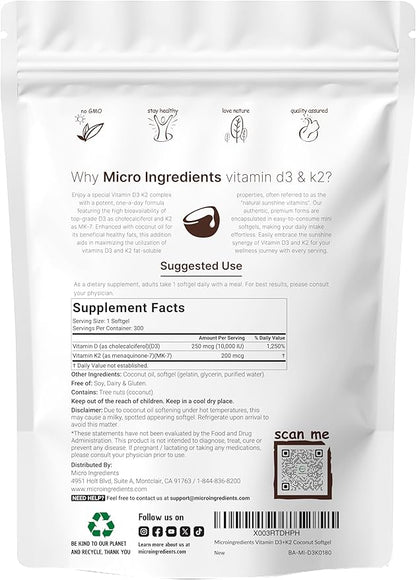 Micro Ingredients Vitamin D3 10,000 IU + K2 MK-7 200 mcg, 300 Softgels | Virgin Coconut Oil | 2-in-1 Bone, Immune & Heart Support | Easy to Swallow, Non-GMO