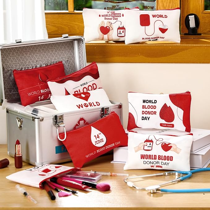 Kacctyen 10 Pcs World Blood Donor Day Appreciation Gifts Makeup Bag Cosmetic Bags Canvas Pouch Bags Portable Blood Donor Pouch Bag Travel Organizer for World Blood Donor Day Charity Giveaways