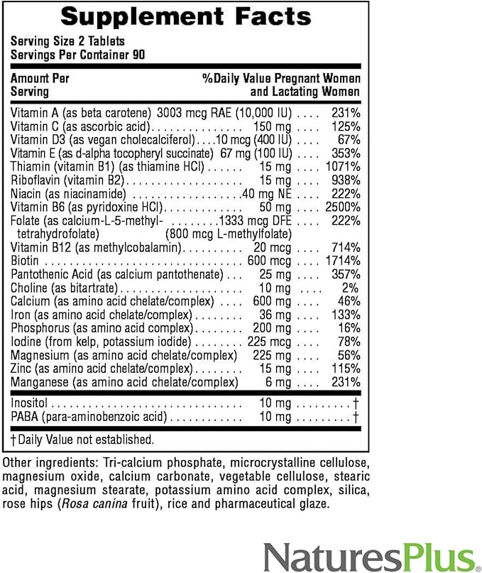 Natures Plus Ultra Prenatal Multivitamin - 800 mcg Folate, 180 Vegetarian Tablets - Prenatal Supplement with Iron, Iodine, Calcium & B-Complex Vitamins - Gluten-Free - 90 Servings