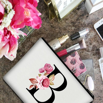 Vavabox A-Z Personalized Makeup Bag, Birthday Gifts for Women Mom, Gifts for Best Friend, Bride Bridesmaid Cosmetic bag (B, White)