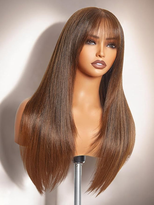 GORGIUS Straight Glueless Wig with Bangs Medium Brown Layered Hair Ready-to-Go Synthetic Bang Wigs with Realistic Scalp 24 Inch