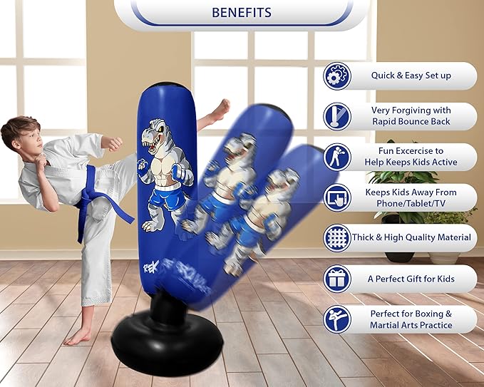 Punching Bag for Kids - 5' 3" Tall and Stable - Ninja Kids Inflatable Punching Bag Combo Kit with Kids Boxing Gloves, a Pump and Repair Kit. Boxing Bag for Immediate Bounce Back