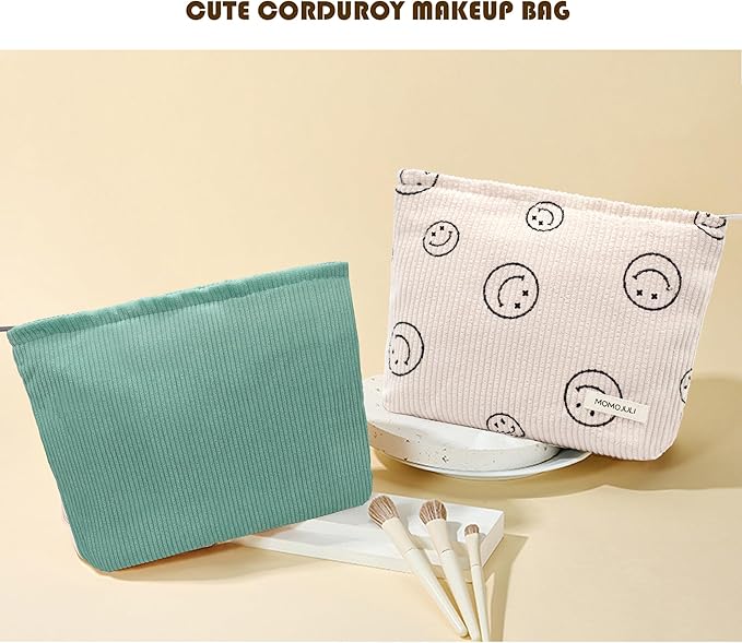 Corduroy Makeup Bag Cosmestic Bag Large Capacity Ladies Women Aesthetic Make Up Organizer Accessories Zipper Pouch Purse （Beige+Light Green）