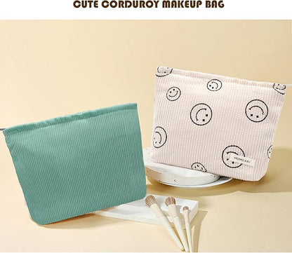 Corduroy Makeup Bag Cosmestic Bag Large Capacity Ladies Women Aesthetic Make Up Organizer Accessories Zipper Pouch Purse （Beige+Light Green）