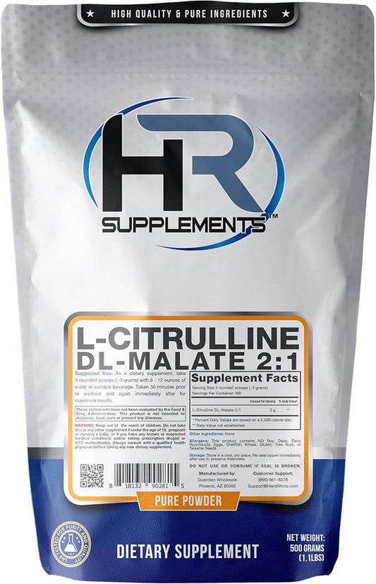 HR Supplements L-Citrulline DL-Malate 2:1 Powder, 500 Grams (1.1 Lbs), Unflavored, Lab-Tested, Scoop Included