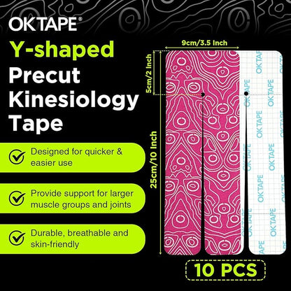 OK TAPE Precut Y-Shape Kinesiology Tape for Shoulder, Knee, Back, 10 Pcs, K Tape Strips, Provide Support & Relieve Discomfort, Water-Resistant Elastic Athletic Tape (3.5" x 10", Pink)