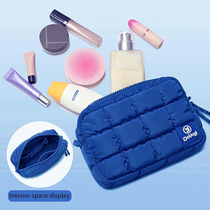 Quilted Cosmetic Bag, Puffer Makeup Bags, Crossbody Purses for women,Cute Travel Toiletry Bag for Women (Blue)