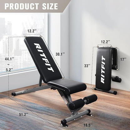 RitFit Adjustable/Foldable Utility Weight Bench for Home Gym 35 Total