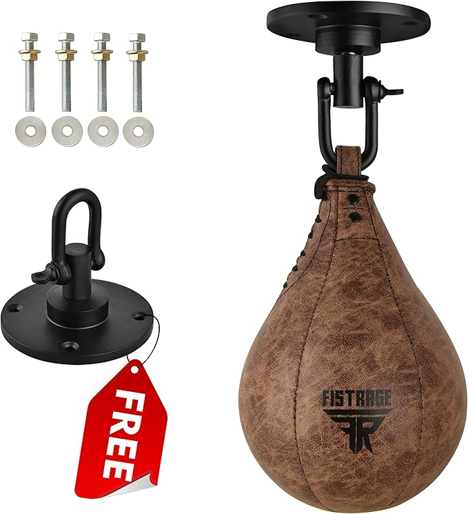 FISTRAGE Speed Bag Boxing Ball Leather MMA Muay Thai Training Punching Dodge Striking Kit with Free Hanging Swivel Workout Speedball Kicking Platform Equipment