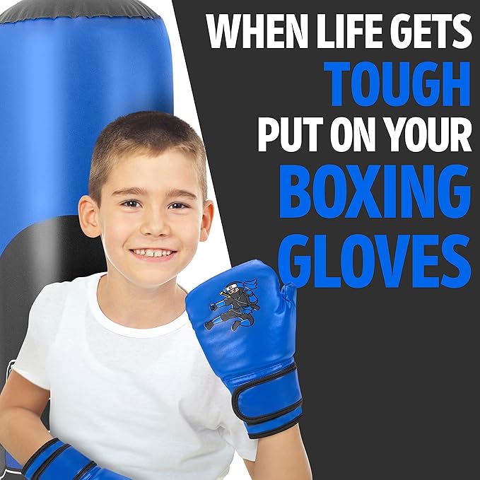 THB Punching Bag for Kids - Inflatable Punching Bag Stand with Boxing Gloves for Kids Age 3-8, 63” Ninja Boxing Bag with Electric Air Pump to Practice Taekwondo, Karate, MMA, Bouncing Back Boxing Set