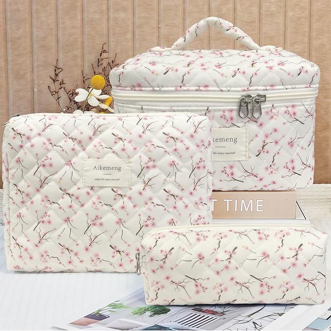 3 Piece Floral Quilted Makeup Bag, Large Capacity Travel Cosmetic Bag for Women and Girls, Aesthetic Storage for Daily and Travel Use (3pcs-peachblossom)