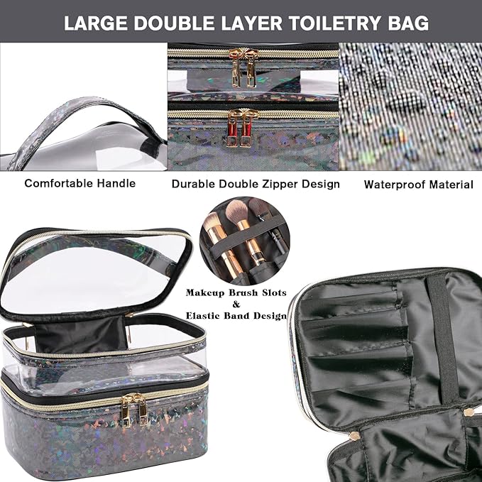 FITINI 3 Pieces Makeup Bags Double Layer Travel Large Holographic Cosmetic Cases Organizer Toiletry Bags Waterproof Small Zipper Pouch for Women Makeup Brush Storage Bag,Black