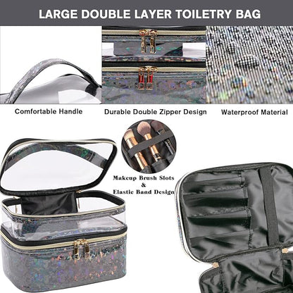 FITINI 3 Pieces Makeup Bags Double Layer Travel Large Holographic Cosmetic Cases Organizer Toiletry Bags Waterproof Small Zipper Pouch for Women Makeup Brush Storage Bag,Black