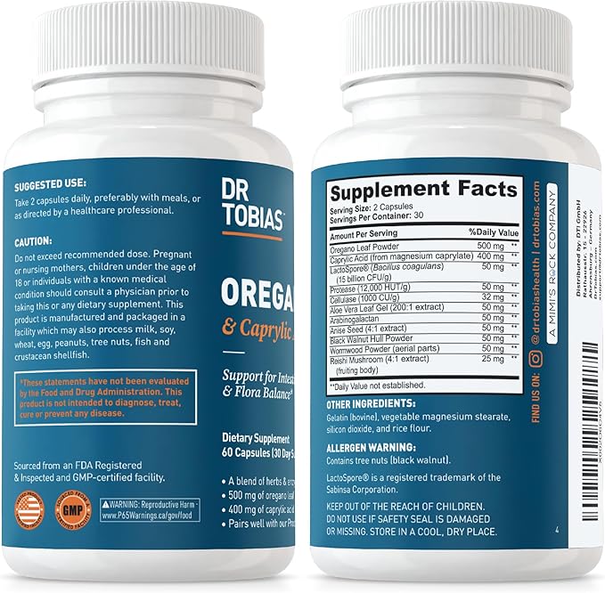 Dr. Tobias Oregano and Caprylic Acid Blend, Gut Flora Balance Complex, Intestinal Health & Immune Support with Herbs & Probiotics, Gut Health Supplements for Women & Men (60 Count (Pack of 1))