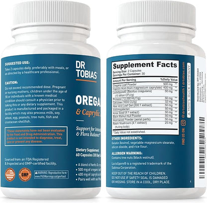 Dr. Tobias Oregano and Caprylic Acid Blend, Gut Flora Balance Complex, Intestinal Health & Immune Support with Herbs & Probiotics, Gut Health Supplements for Women & Men (60 Count (Pack of 1))
