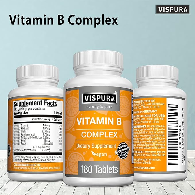 Vitamin B-Complex, 180 Vegan Tablets, All B Vitamins Including B12, B1, B2, B3, B5, B6, B7, B9, Folic Acid, for Stress, Energy and Healthy Immune System*, Natural Supplement Without Additives