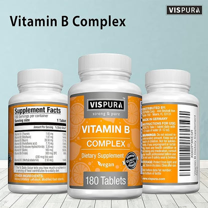 Vitamin B-Complex, 180 Vegan Tablets, All B Vitamins Including B12, B1, B2, B3, B5, B6, B7, B9, Folic Acid, for Stress, Energy and Healthy Immune System*, Natural Supplement Without Additives