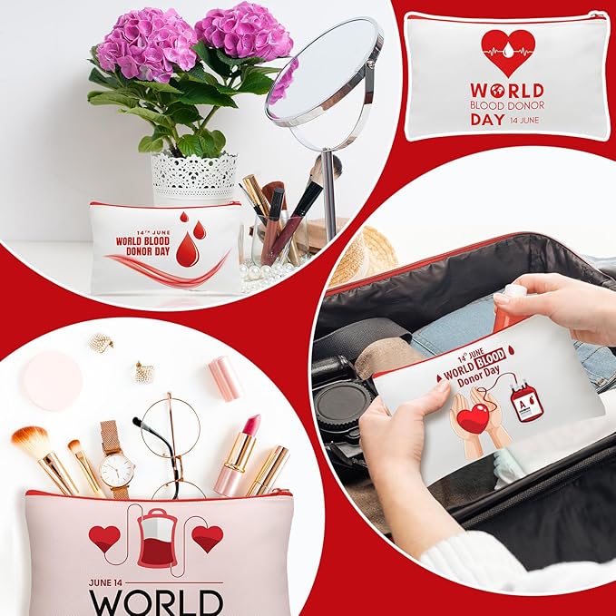 Kacctyen 10 Pcs World Blood Donor Day Appreciation Gifts Makeup Bag Cosmetic Bags Canvas Pouch Bags Portable Blood Donor Pouch Bag Travel Organizer for World Blood Donor Day Charity Giveaways