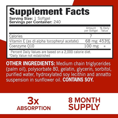 Qunol CoQ10 100mg Softgels Ultra 3X Better Absorption Coenzyme Q10 - Antioxidant Supplement for Vascular and Heart Health & Energy Production - 8 Month Supply - 240 Count