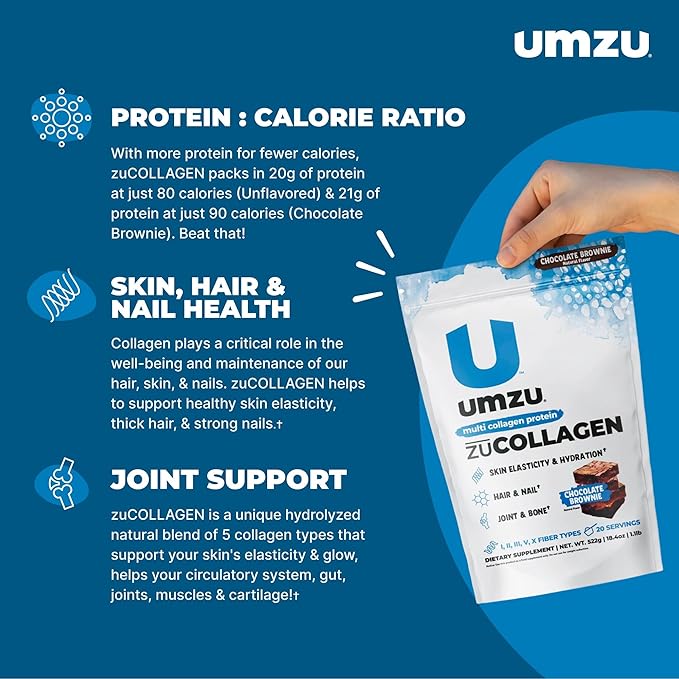 UMZU ZuCollagen Hydrolyzed Protein Powder | 5 Collagen Peptide Types for Healthy Hair, Skin, Nails, Joints & Gut | Low Calorie, High Protein (20g Protein per Serving | Chocolate)