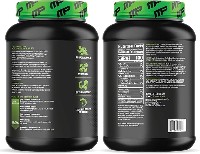 MusclePharm Combat Protein Powder, Vanilla Flavor, Fuels Muscles for Productive Workouts, 5 Protein Sources Including Whey Protein Isolate & Egg Albumin, Gluten Free, 2 lb, 26 Servings