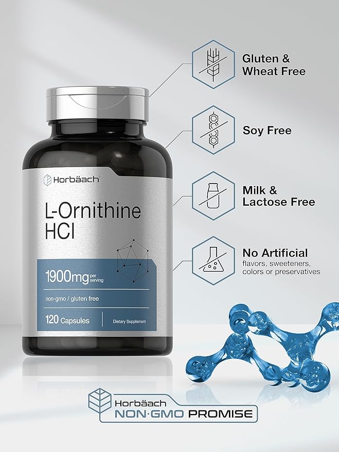 Horbäach L Ornithine HCl | 1900mg | 120 Capsules | Non-GMO & Gluten Free Supplement