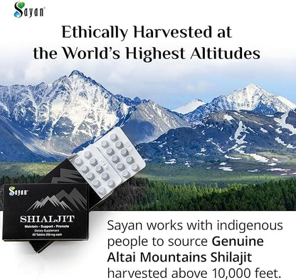Sayan Shilajit Pure Organic Black Resin Mineral Tablets - Premium Quality Supplement Drops for Men and Women (60 Tablets, 1-2 Month Supply) for Immune Support, Natural Detox, and Energy Boost