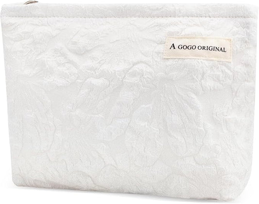Flower Makeup Bag Large White Floral Cosmetic Bag for Women Cute Makeup Pouch Zippered Portable Travel Toiletry Bag Lace Trendy Aesthetic Makeup Organizer Bag Cosmetic Pouch for Purse