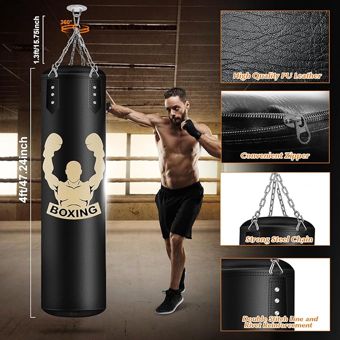 Hanging Punching Bag for Adults, 4FT PU Heavy Bag Boxing Training Equipment with 12OZ Gloves, Reflex Ball, Wristband, Kicking Bag Boxing Set for Training Karate Kickboxing Home Gym(Unfilled)