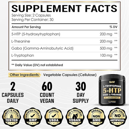 5 HTP 200mg GABA 500mg L-Theanine 200mg L-Tryptophan 100mg Supplement - Support Brain, Circulation Health, Concentration & Rest Well - 60 Capsules for 1 Month - 4in1 Premium Blend