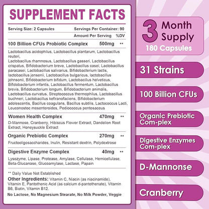 Probiotics for Women Digestive Health, 100 Billion CFUs Probiotic with Digestive Enzymes & Prebiotics, Vaginal Probiotics with Cranberry for Urinary Tract Health, pH Balance, 180 Veggie Capsules