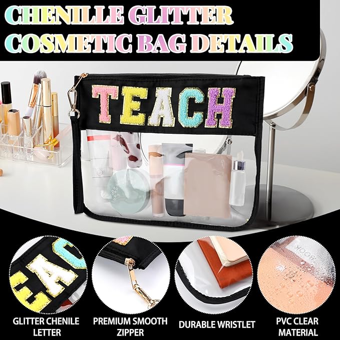 Hillban 2 Pcs Teacher Pencil Pouch Zipper Teacher Appreciation Gift Women Clear Makeup Cosmetic Bag Chenille Letter Bag Toiletry Travel Kit Accessories Waterproof Purse Grad Retirement Gift