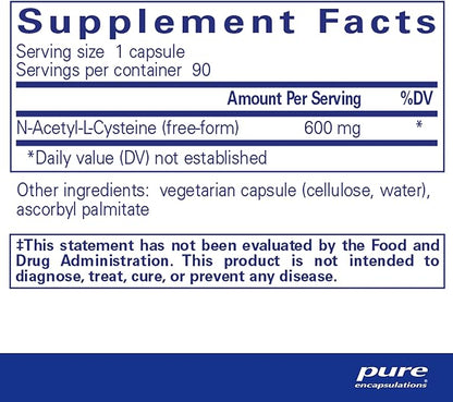 Pure Encapsulations NAC 600 mg - NAC Supplement for Lung Health & Immune Support, Liver Support & Antioxidants* - with Freeform N-Acetyl-L-Cysteine - 90 Capsules