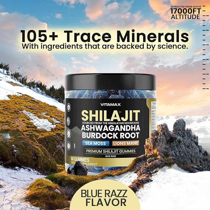 Organic Shilajit Gummies 1500mg, Sea Moss 200mg, Ashwagandha 500mg, 105+ Trace Minerals – Organic Burdock Root & Lions Mane Mushroom - Blue Razz – Vegan & Non-GMO – Made in USA – 60ct