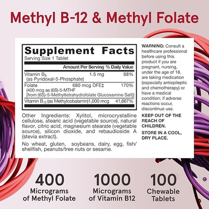 Jarrow Formulas Extra Strength Methyl B-12 1000 mcg & Methyl Folate 400 mcg + P-5-P, Dietary Supplement for Cellular Energy Metabolism and Cardiovascular Support, 100 Chewable Tablets, 100 Day Supply