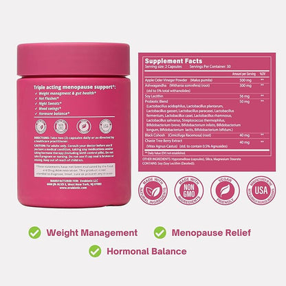 Complete Menopause Support | Ashwaghanda, Probiotics, ACV + Chasteberry for Weight Management, Hot Flashes, Night Sweats, Bloat, Hormone Balance & Mood Swings* | Non GMO, Vegan 60 Caps