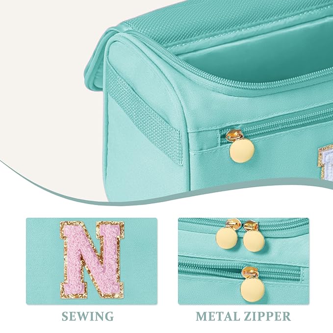COSHAYSOO Nice Gifts for Wife Daughter Summer Bridal Shower Gift for Bride Bridesmaid, Large Toiletry Bags for Traveling Women Waterproof Travel Size Toiletries Items Teal Blue Letter N