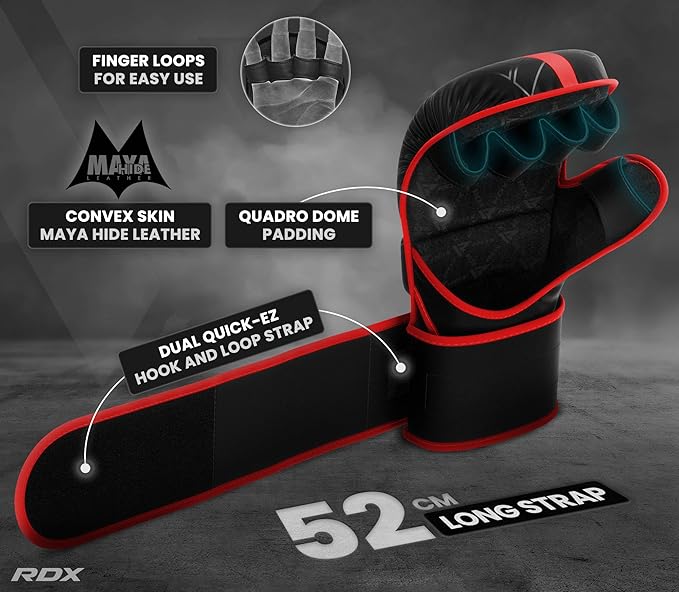 RDX MMA Gloves Sparring Grappling, Hybrid Open Palm Martial Arts Mitts Men Women, Maya Hide Leather Wrist Support, Cage Fighting Combat Sports Boxing Glove Training, Muay Thai, Punching Bag Kickboxing